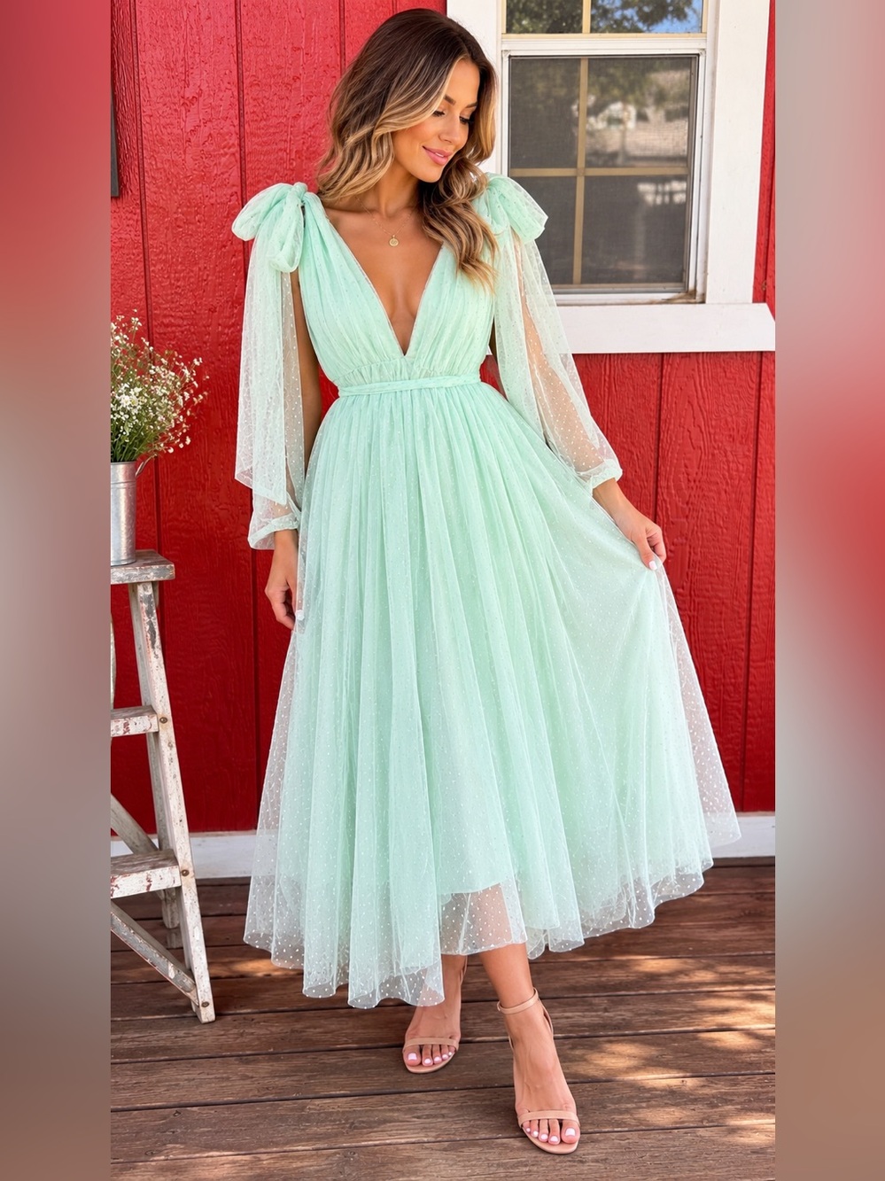 MABLE Mint Green Swiss Dot Tulle Deep V Tie Shoulder Midi/Maxi Dress Size M